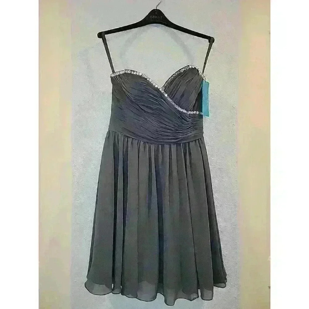 Mori Lee Grey Chiffon Dress Sz 12 NWT Homecoming Bridal Formal Strapless Mini